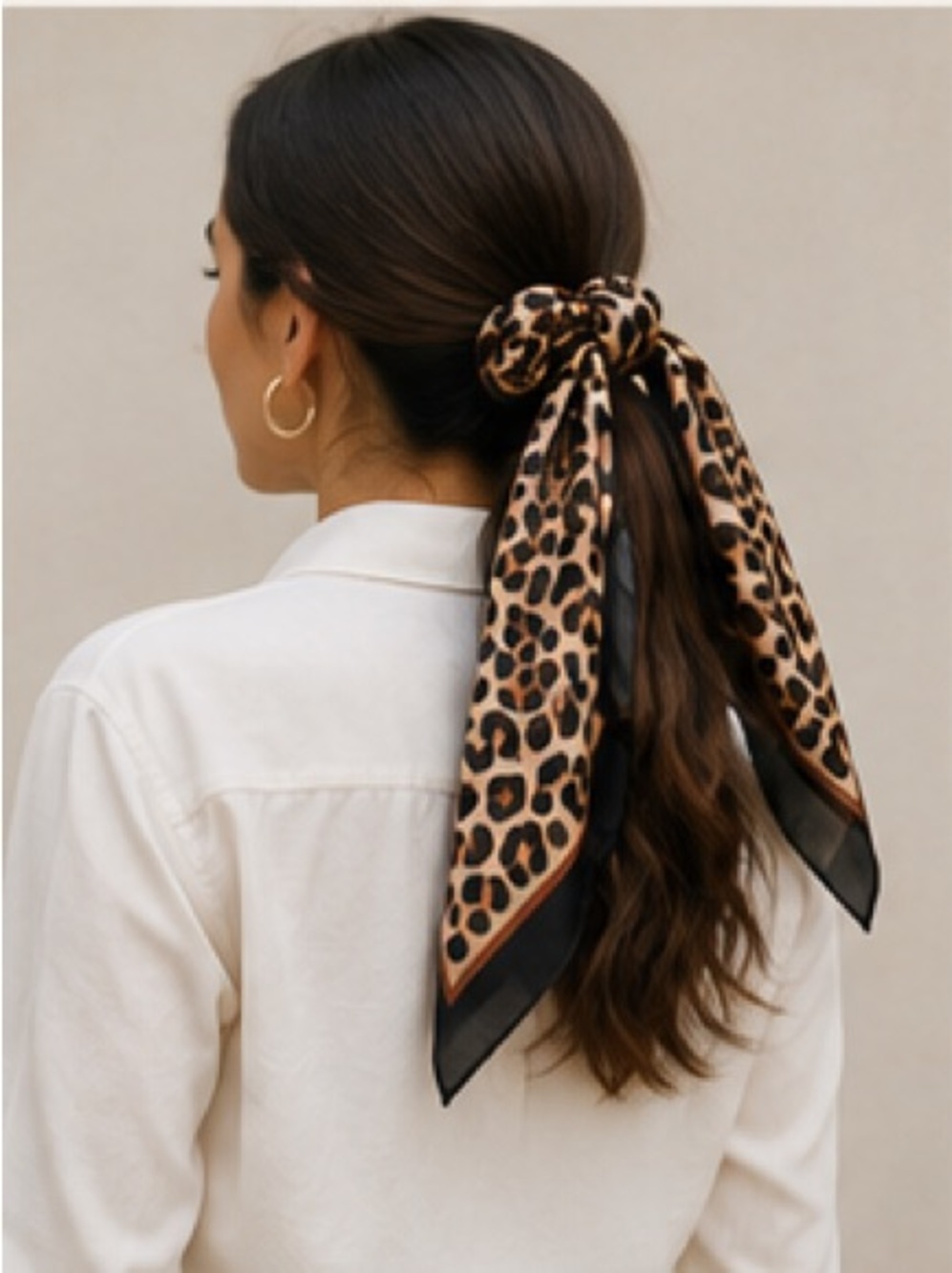 Leopard Print Satin Scarf 26β x 27β Neutral Black & Beige Square Scarf - Picture 7 of 10